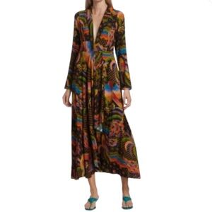 Farm Rio Maxi Dress Macaw Island Print LS Sleeve Black Bird Print Boho Small